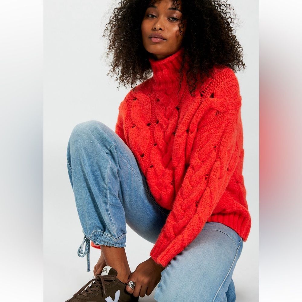 Free People Clementine Softspun Cable Sweater in Orange Tango